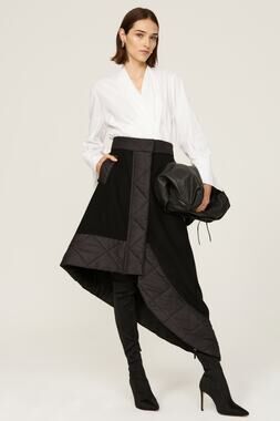Mossi Black Asymmetrical A-Line Wool Quilted Trim Avant Garde Midi Skirt 12